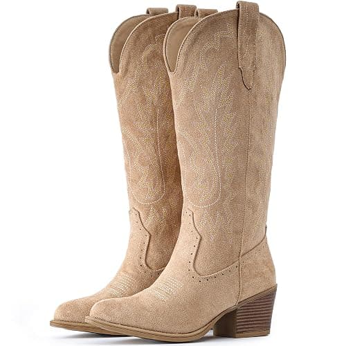 IUV Suede Cowboy Boots For Women Chunky Heel Pointed Toe Cowgirl Boots Mid Calf Western Embroidery Boots - Image 1