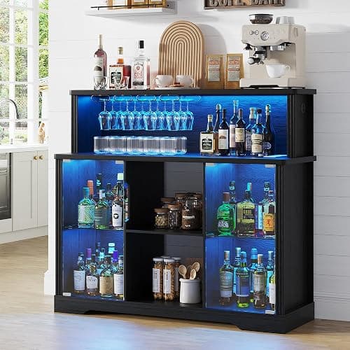 TAGELIER 47'' Wine Bar Cabinet with Mini Fridge Space & RGB Lights | Charging Station, Coffee Bar Station, Adjustable Shelves, Wine Racks, Liquor Cabinets, for Home Bar Dining Room Living Room - Image 1
