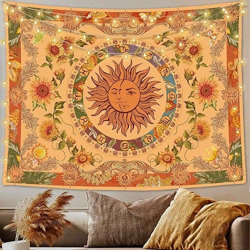 Accnicc Yellow Sun and Moon Tapestry Vintage Indie Boho Tapestry Wall Hanging with Sunflowers Butterfly Moth Constellation Aesthetic Wall Tapestries for Bedroom Dorm Living Room (Orange, 48'' × 36'') - Image 1