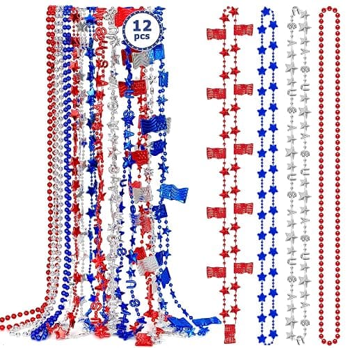 4th of July Necklace Accessories, 12PCS Veterans Day Beads Necklaces Bulk, Independence Day Red Blue White Stars USA Flags Necklace, Veterans Day Patriotic Bulk for Parade Party Favors Decorations - Image 1