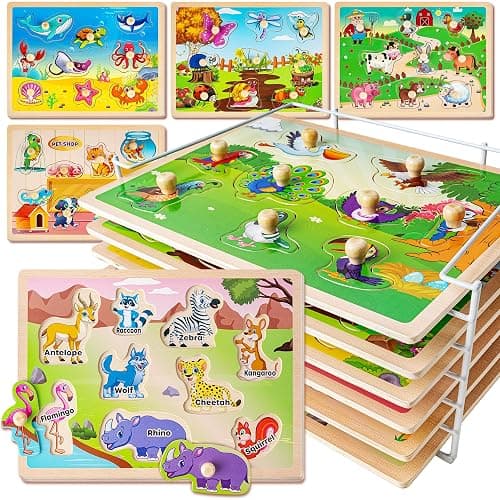 SYNARRY Wooden Puzzles for Toddlers 1-3, 6XSET Animals Puzzles for Toddlers 2-4 with Rack, Toddler Puzzles Ages 2-4, Kids Learning Educational Montessori Toys for 2 3 Year Old, Gifts for Boys Girls - Image 1