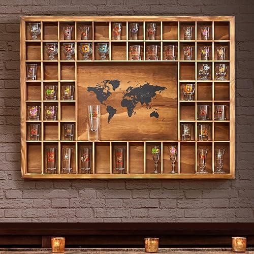 Tristcily Large Shot Glass Display Case with World Map,60 Slots, 34 X 26 Inch Rustic Wood Shot Glass Display Cabinet for 2 Size -In Rooms Bars Wine Cellars with Shot Glasses Jewelry Shell & Keepsakes - Image 1