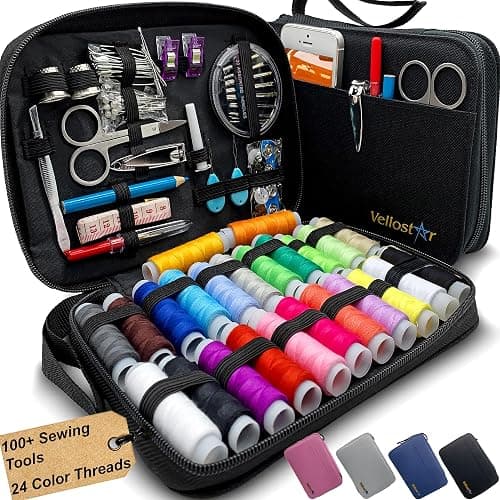 Vellostar Sewing Kit for Adults, 100-Piece Hand Sewing Needle & Thread Kit | Portable travel case with 24 thread colors for beginners and quick clothing repairs, buttons, small tears and loose hems - Image 1