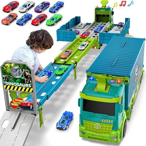 Carrier Truck Race Track Toddler Toys, Foldable 3 Layer Toddler Track Playset, Dinosaur Toy Truck Transport Car Carrier & 8 Race Cars, Truck Car Kids Toy Gifts for Age 3 4 5 6+ Year Old Boys Girls - Image 1