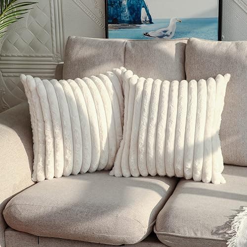DEELAND Pack of 2,Double-Sided Faux Fur Plush Decorative Throw Pillow Covers Fuzzy Striped Soft Pillowcase Cushion Covers for Sofa Couch Bedroom Home, Cream White - Image 1