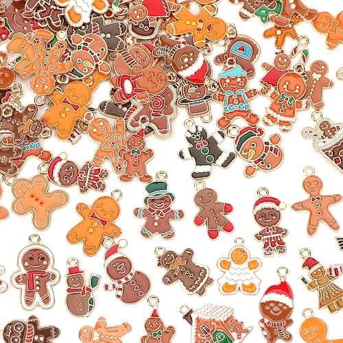 MARFOREVER Gingerbread Man Snowman Charms, 120 PCS Christmas Charms for Jewelry Making, Assorted Enamel Winter Gingerbread Man Xmas Charm Pendants for DIY Bracelet Necklace Earrings Making Supplies - Image 1