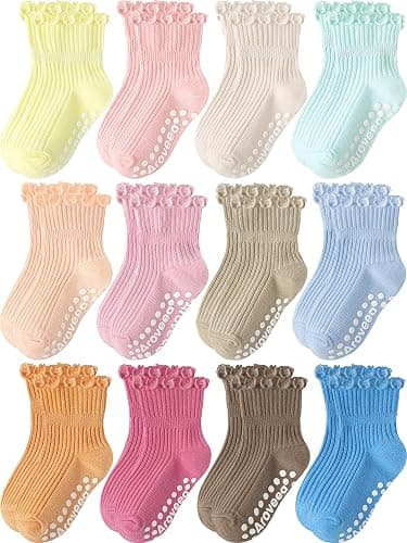 Baby Toddler Girls Socks Grip Ruffle Non Slip Kids Cotton 12 Pack Socks | PREMIUM soft COTTON,full anti-slip grips,6month-7t grippy crew socks for girls,daily school all season wear,cute ruffle - Image 1