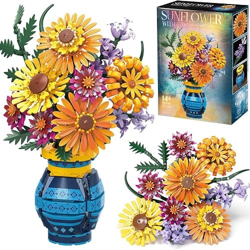 Flower Bouquet Building Blocks Set with Vase, Valentines Day Gifts for Her Wife Him, 1065PCS Sunflower Botanical Collection Artificial Flower Birthday Gifts for Women Men Teen Girls Mom Teacher Adults - Image 1