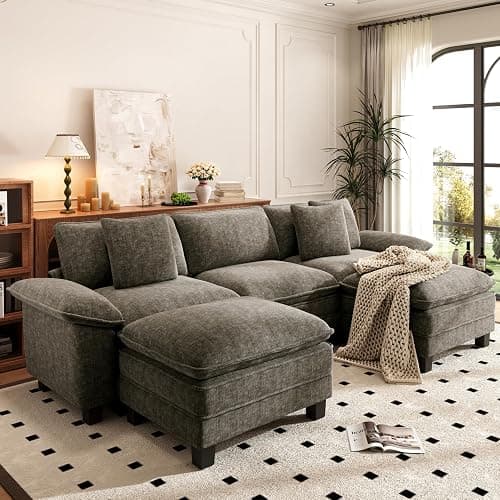 PHI VILLA Cloud Modular Couch Sets, 123.6" Oversized Sectional Sofa with U-Shaped Chaise, 5-Seater Couches with 2 Movable Ottomans for Living Room, Chenille Smoky Grey - Image 1