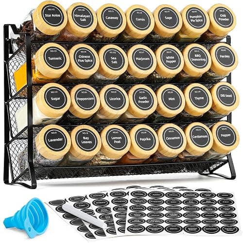 AOZITA Spice Rack Organizer for Cabinet, 28 Empty Spice Jars with Bamboo lids, Funnel, Spice Labels, Seasoning Organizer for Countertop, Cabinet, Kitchen, Pantry, Cupboard - Image 1