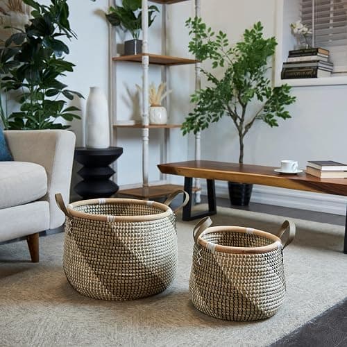 Brown Seagrass Handmade Diagonal Striped Storage Basket with Black and White Plastic Weaving Leather Handles (Set of 2) - Image 1
