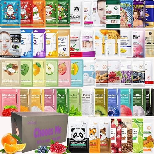 Meleell 55 Pack Collagen Face Masks Skincare Bulk,Sheet Masks Variety Set with Animal, Bubble, Christmas & Fruit Facial Masks, Skincare Gift Box for Women, Teens & Spa Lovers - Image 1