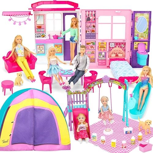 Style Shine Doll House Portable & Foldable Dollhouse w/ 60+ Pcs & 2 Dolls, Play House Toy with Bedroom Kitchen Furniture Camping Playset, Playhouse Gift for Girl Kid Toddler - Image 1