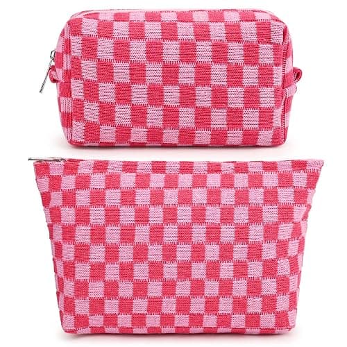 SOIDRAM 2 Pieces Makeup Bag Large Checkered Cosmetic Bag Capacity Canvas Mix Travel Toiletry Bag Organizer Cute Makeup Brushes Aesthetic Accessories Storage Bag for Women, Checkered Mix Rose Red - Rose red - Image 1