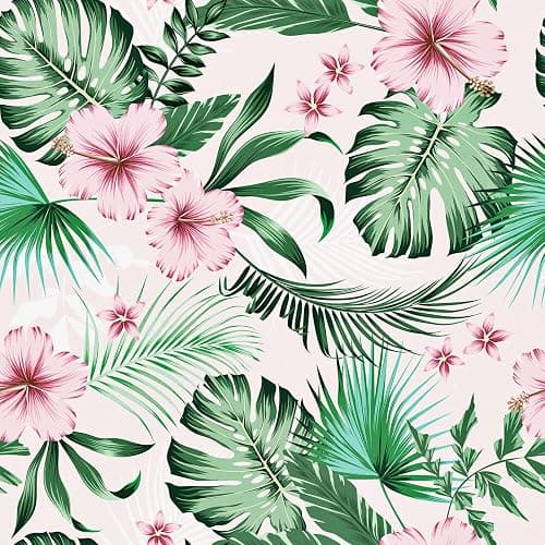 WESTICK Leaf Wallpaper Peel and Stick Tropical Botanical Palm Leaves with Pink Hibiscus Flowers Self Stick Floral Wall Paper Jungle Forest Wallpapers for RV Bathroom Drawer Dresser 17.5 x 118 in - 17.5" x 118" - White/Green/Pink - Image 1