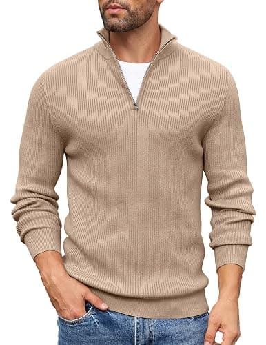 COOFANDY Men's Quarter Zip Sweaters Slim Fit Mock Neck Pullover Sweaters Lightweight Knitted Polo Sweater - Image 1