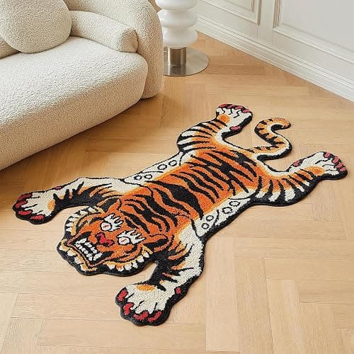 5x3.3 ft Tibetan Tiger Area Rug Tufted High Pile XLarge Indoor Machine Washable Carpet with Nonslip TPR Backing - Bedroom, Bathroom, Living & Dining Room Home Décor, Orange - Image 1