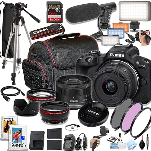 Canon EOS R50 24.2MP APS-C CMOS Sensor Mirrorless Camera with 18-45mm Lens, 128GB Extreme Speed Memory, Video Light, Microphone, Grip, Filters, Lenses, Case, Software, More, Black (Renewed) - Image 1