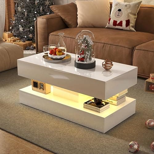 Verano Garden Modern High Gloss LED Coffee Table with Storage, 2-Tier Center Table with Open Display Shelf & 2 Sliding Drawers, Rectangle Coffee Tables for Living Room, Bedroom - Image 1
