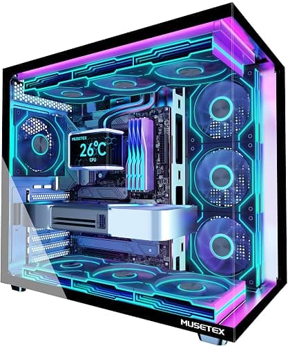 MUSETEX Y6 PC Case, Pre-Installed 7 Infinity Mirror PWM ARGB Fans, ATX Mid Tower Computer Case, Gaming PC Case with Type-C, 270° Full View Tempered Glass, Black - Image 1