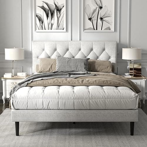 HAOARA Full Size Platform Bed Frame with Upholstered Button Tufted Headboard, Mattress Foundation with Wooden Slat Support, Noise Free, No Box Spring Needed, Easy Assembly, Light Grey - Image 1