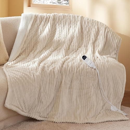 Bedsure Ribbed Heated Blanket Throw, Cream Electric Blanket, Preheat | Fast Heating, 6 Heat & 6 Timer (Up to 10H) Settings, 8 Hours Auto-Off, ETL & FCC, Flannel Sherpa, Gifts for Grandma, 50"x60" - Image 1