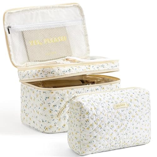 HBselect 2Pcs Travel Makeup Bag, Large Cotton Quilted Makeup Bag Cosmetic Bag Cute Make up Bag Toiletry Bags for Women Girls - 2PCS-YELLOWFLOWER - Image 1