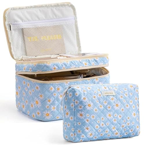 HBselect 2Pcs Travel Makeup Bag, Large Cotton Quilted Makeup Bag Cosmetic Bag Cute Make up Bag Toiletry Bags for Women Girls - 2PCS-DAISY - Image 1