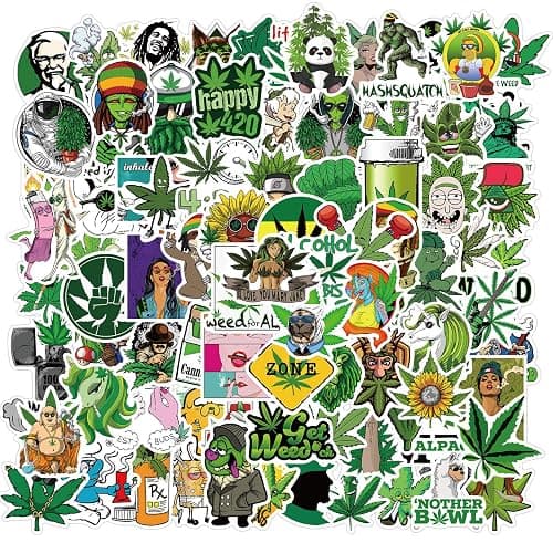 100PCS Stoner Weed Stickers, Vinyl Waterproof Green Marijuana Stickers Pack for Laptop Water Bottles Bumper Phone, Leaves Decals Decoration for Adults - Image 1