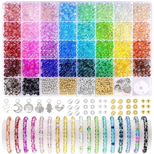 Funtopia Glass Beads Bracelet Making Kit, 1396pcs 6mm Crackle Glass Beads for Jewelry Making, 34 Colors Round Crystal Beads for Bracelets DIY Crafts with Spacer Beads and Charms - Image 1