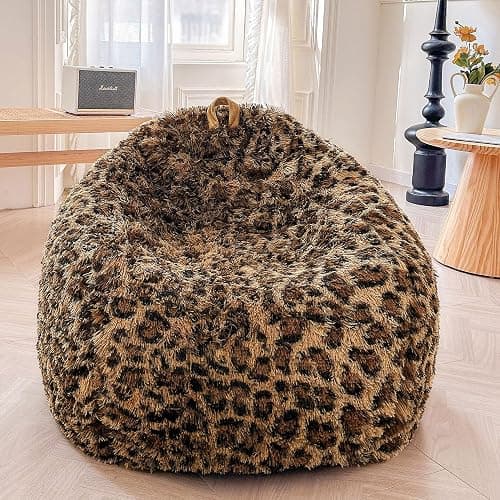 XeGe Faux Fur Leopard Print Bean Bag Chair Cover (No Filler), Fluffy Stuffed Animal Storage Cheetah Bean Bag Home Decor, Furry Fuzzy Big Beanbag Cover for Adults Teens Kids Girls, Anti-slip, Brown - Image 1