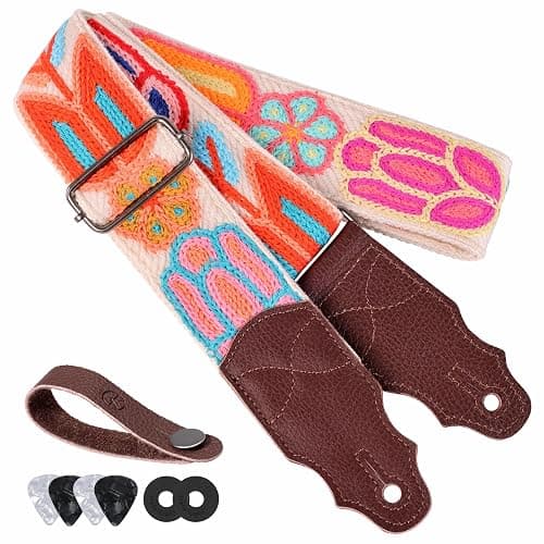 YIKOKO Guitar Strap 2", Soft Woolen Knit, Cowhide Leather End, for Acoustic and Bass Electric Guitars, Free Button, 2 Strap Locks and 4 Guitar Picks - Image 1