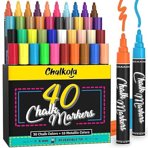 Chalkola Chalk Markers - Pack of 40 (Neon, Pastel & Metallic) Liquid Chalk Pens - For Chalkboard, Blackboard, Window, Labels, Bistro, Glass, Car, Board - Wet Wipe Erasable Ink - 6mm Reversible Tip - Image 1