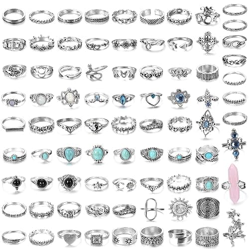 CASSIECA 82 Pcs Vintage Silver Knuckle Rings Set for Women Teen Girls Bohemian Stackable Joint Finger Rings Retro Stone Crystal Stacking Midi Rings Pack - Image 1