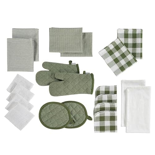 LANE LINEN Dish Towels and Dishcloths Sets - 20 Pc Kitchen Towels Set, 500 Degree Heat Resistant Kitchen Mitts and Pot Holders, 100% Cotton Dish Towels, Kitchen Dish Rags for Washing Dishes - Olive - 20 Piece Set - Olive - Image 1