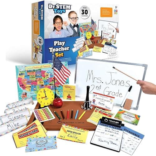 Dr. STEM Toys - Play Teacher Role-Play Set Includes Reusable White Board, Bell, Report Cards, for Home or Classroom, Over 30 Pieces Included, Gift for Kids, Complete Set - Image 1