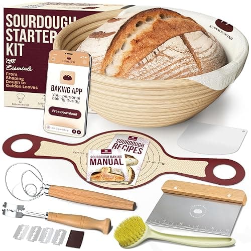 Superbaking Banneton Bread Proofing Basket Set with Silicone Dough Sling, 9" Splinter-Free Proofing Basket, Non-Stick Dutch Oven Liner, Sourdough Starter Kit, Sourdough Bread Baking Supplies & Tools - Image 1