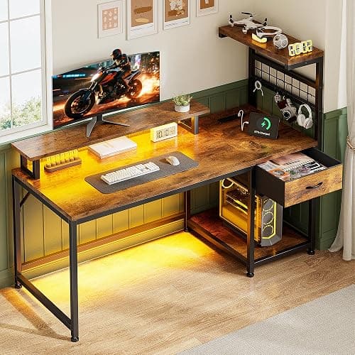 EnHomee 48" Computer Desk with Drawer & Storage Shelves, Gaming Desk with LED Lights & Power Outlets, Home Office Desk with Monitor Stand, for Living Room, Study Room, Gaming Room, Rustic Brown - Image 1