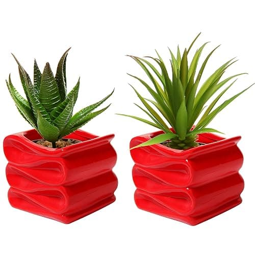MyGift 4-Inch Red Ceramic Indoor Small Plant Pot, Mini Modern Decorative Planters with Candy Ribbon Design, Set of 2 - Red - Image 1