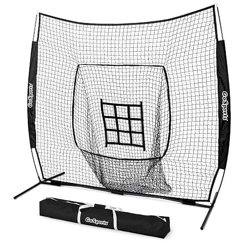 GoSports 7 ft x 7 ft Baseball & Softball Nets - Red, Black, or PRO -Practice Hitting & Pitching Net with Bow Type Frame, Carry Bag and Strike Zone, Great for All Skill Levels - Image 1