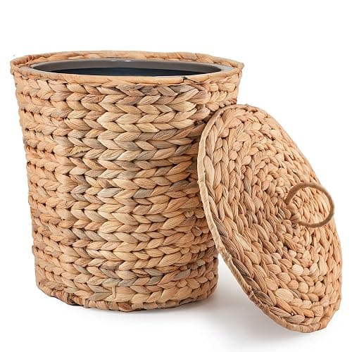 KOLWOVEN Wicker Trash Can with Lid in Bedroom, Bathroom - Trash Can in Office - Boho Woven Wicker Waste Basket - Office Garbage Cans for Under Desk (Water Hyacinth, Medium (D11 X H11)) - Medium ( D11" X H11") - Water Hyacinth - Image 1