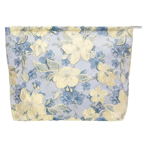 PAZIMIIK Makeup Bag Large Cotton Zipper Pouch for Purse Travel Canvas Make Up Organizer for Women Cosmetic,Brocade Blue - Brocade Blue Flower - Image 1