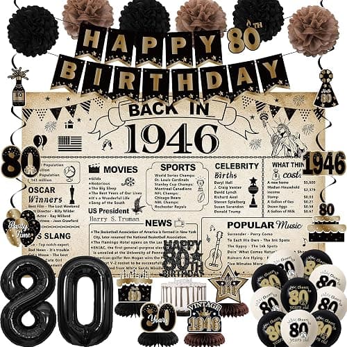 DARUNAXY Vintage 1946 80th Birthday Party Decorations for Men Women(30PC) | Vintage Back in 1946 Banner, Black 80 Number Balloons & Cake Topper, 80 Birthday Honeycomb Hanging Swirl Party Supplies - Image 1