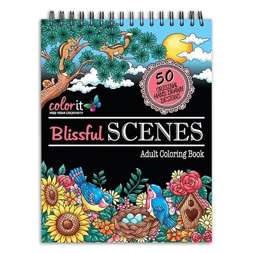 Blissful Scenes Adult Coloring Book - Features 50 Original Hand Drawn Designs Printed on Artist Quality Paper, Hardback Covers, Spiral Binding, Perforated Pages, Bonus Blotter - Image 1