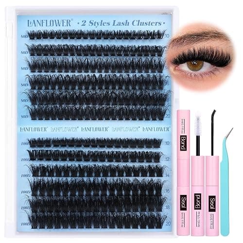 Fluffy Lash Clusters Kit 80D 100D Thick Volume Eyelash Extension Kit D Curl Lash Extension Kit Fluffy Individual Lashes 10-20mm Cluster Eyelash Extensions Kit with Lash Bond and Seal by Lanflower - 80D+100D Fluffy lash clusters kit - Image 1