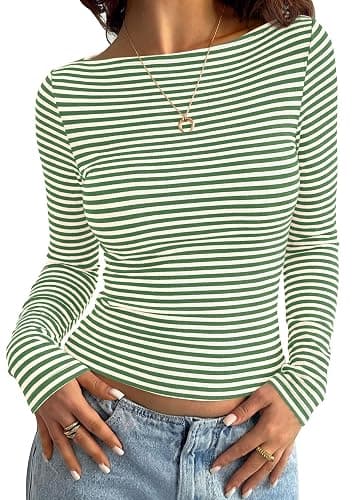 PRETTYGARDEN Long Sleeve Striped Shirts for Women | Soft Ribbed Knit ,Y2k Tshirt,Slim Fit Layering,Cute Tops,Basic Tee,Business Casual Outfits,2026 Spring Fall Trendy Clothes - Image 1