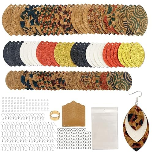 AOUXSEEM 321 Pcs Faux Leather Earrings DIY Making Kit for Beginners, Contains 96 Pre Cut Evil Eye Earring Pieces with Hooks Jump Rings Opener Earring Display Cards and Self-Adhesive Bags (Real Cork) - Image 1