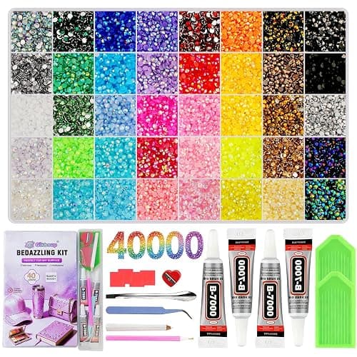 40,000-Piece Bedazzling Kit, 40 Colors, 3mm Jelly AB Resin Rhinestones | Flatback gems with 4 B-7000 glue tubes, 40-compartment box, tweezers and trays for tumblers, phone cases and DIY crafts. - Image 1