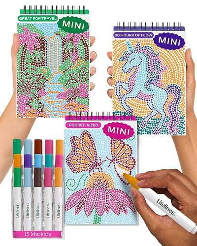 Lifelines FlowArt Mini Activity Pads, 3-Pack, Dot-by-Letter Coloring Books | 15 Markers & 60 Scenes - Guided Art Meditations for Tweens, Adults & Seniors - Dot-by-Letter - Patent-Pending - Image 1