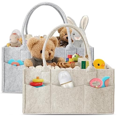 HIPHOP PANDA 2-Pack Diaper Caddy Organizer - Nursery Storage Bin & Car Organizer for Diapers, Wipes, and Baby Essentials - Dual-Color Solid Set (Grey/Oatmeal), Large Size - Image 1